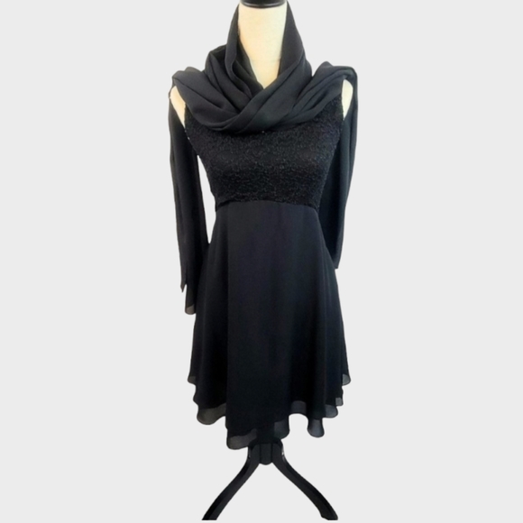 Vintage 90’s Black Lace Bodice Sleeveless Tiered Dress w/Wrap Sz 14 - Picture 8 of 9